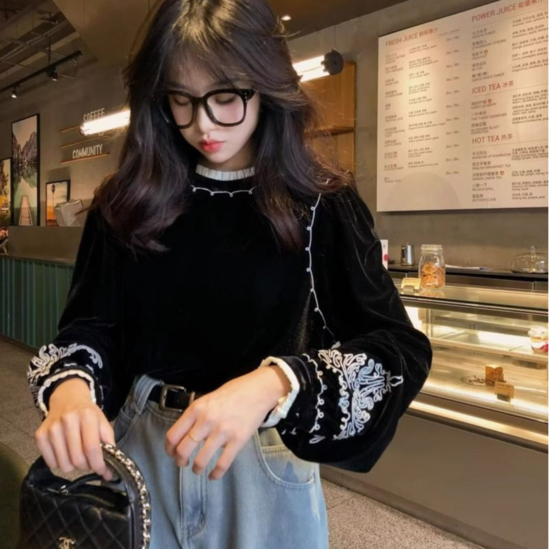 เสื้อกํามะหยี่แบบจีน ลายปักสีดำและสีขาว แฟชั่นย้อนยุคใหม่ แขนยาว
