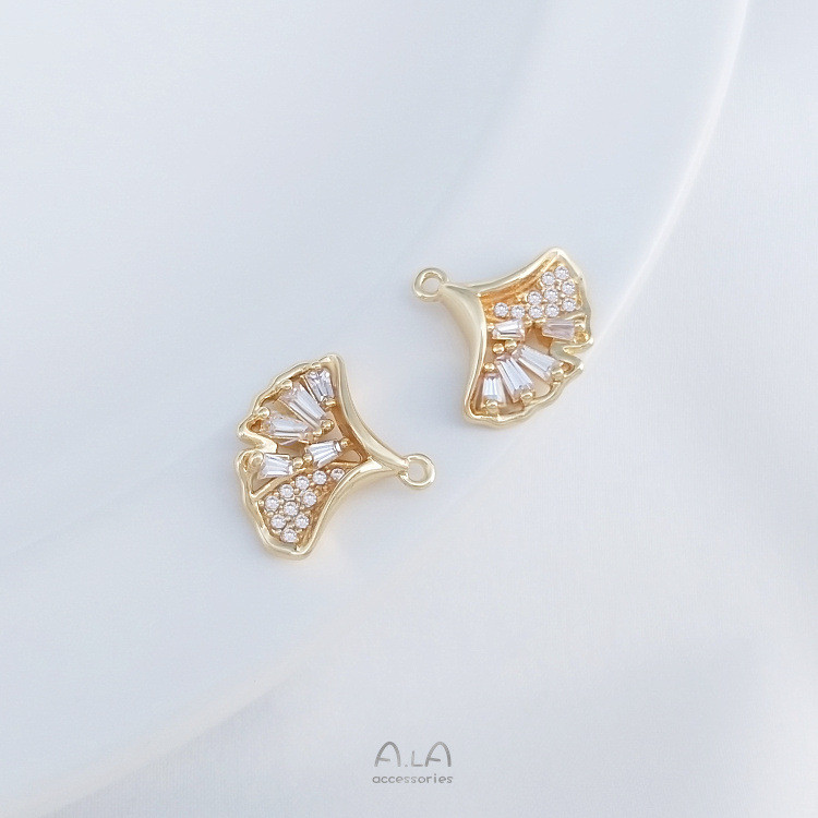 Micro-Inlaid Zircon 14K Gold-ห่อสีRetention Ginkgo Leafพัดลมรูปจี้Handmade DIYต่างหูจี้สร้อยข้อมือสร