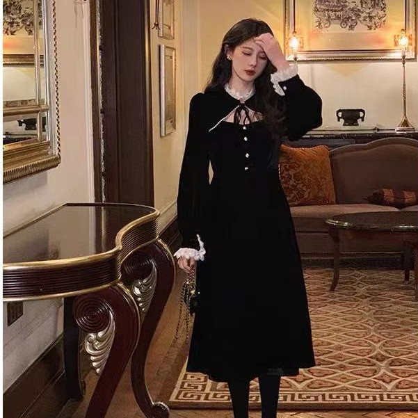 วินเทจ สบายๆ แฟชั่น มีแขน เดรสน่ารัก หรู ใส่สบาย ผู้หญิง เดรสดํา black sexy dress
