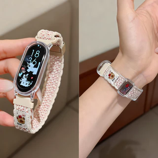 ลูกอม สีน่ารักหมีทอสายไนลอนกรณีสําหรับ เสี่ยวหมี่ For Xiaomi Mi band 10 9 8 สาวน่ารักเปลี่ยนวงสําหรับ For Mi band 7 6 5 4 3 กีฬาวงปก