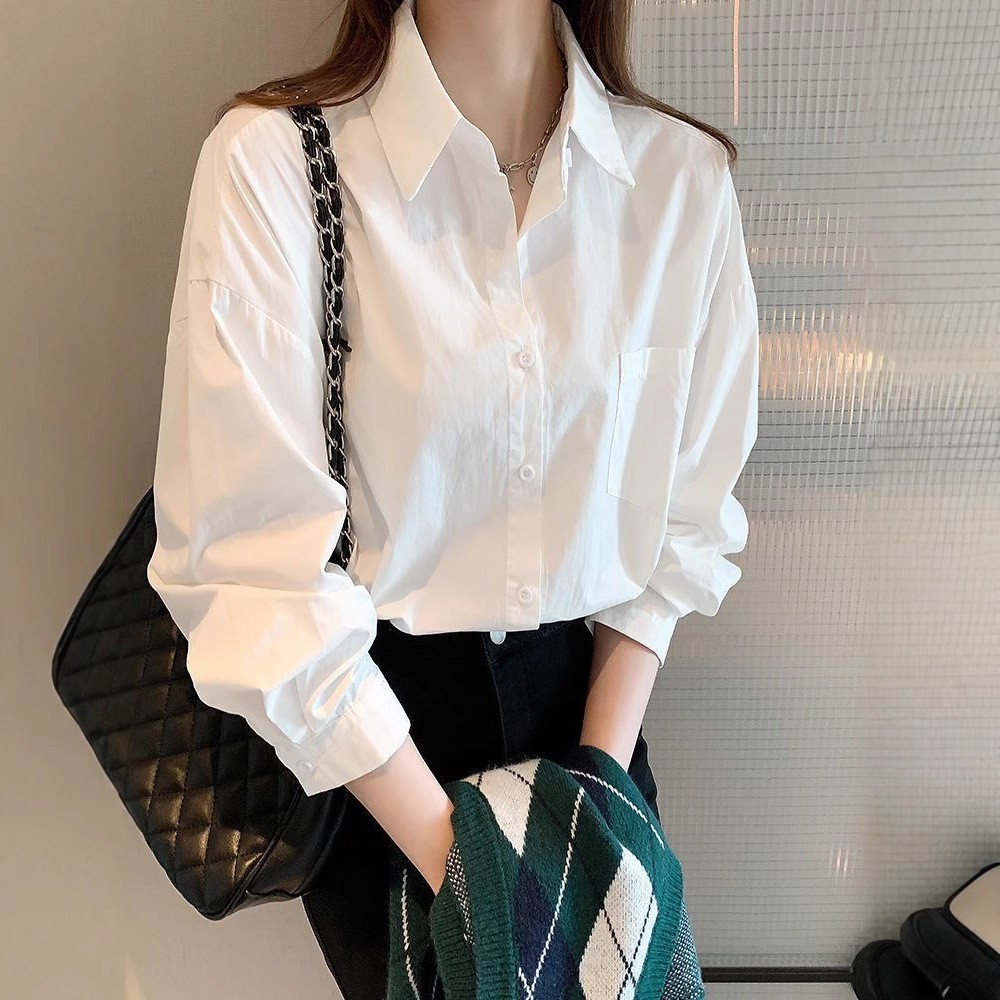 เสื้อเชิ้ตสีขาวแบบใหม่สำหรับผู้หญิงเสื้อคอปกชุด JK เสื้อเชิ้ตแขนยาวทรงหลวมแบบมืออาชีพ ✨bhapyth.ooi23