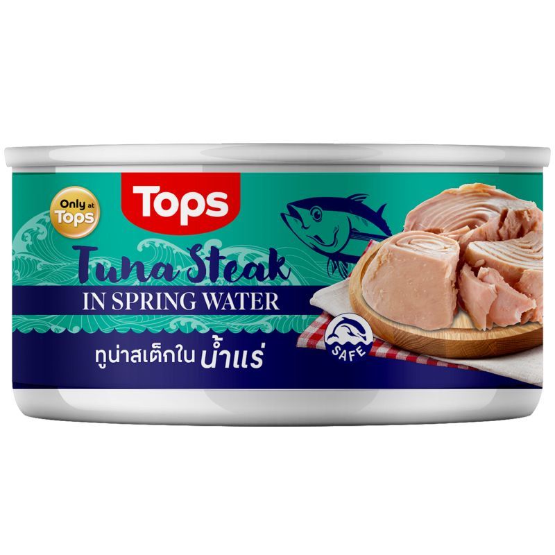 ท็อปส์ทูน่าสเต็กในน้ำแร่ 185กรัม Tops Tuna Steak in Spring Water 185g. [หมายเลขบาร์โค้ด 8853474053285 ]