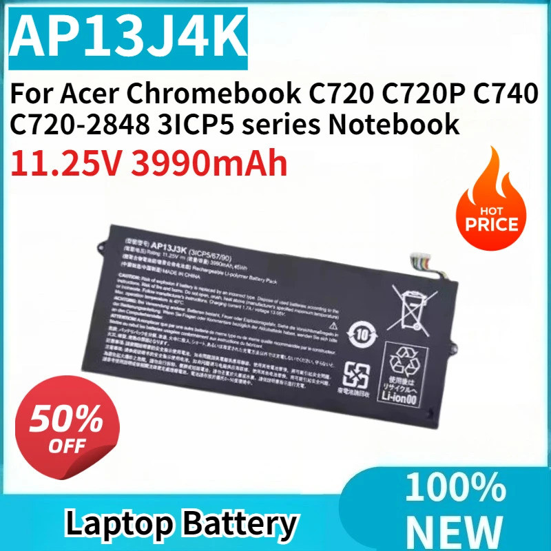 ยี่ห้อใหม่ AP13J4K AP13J3K 11.25V 3990mAh แบตเตอรี่แล็ปท็อปสําหรับ Acer Chromebook C720 C720P C740 C