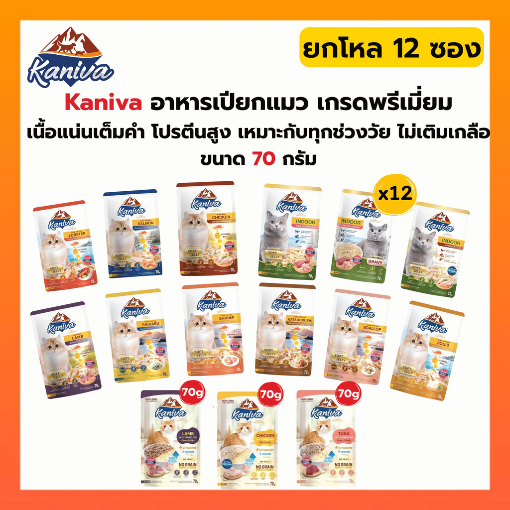 [ ยกโหล 12 ซอง ] Kaniva อาหารเปียกแมว เปียกแมว คานิว่าเพาซ์ ผสม Vitamins Ball ขนาด 70 กรัม
