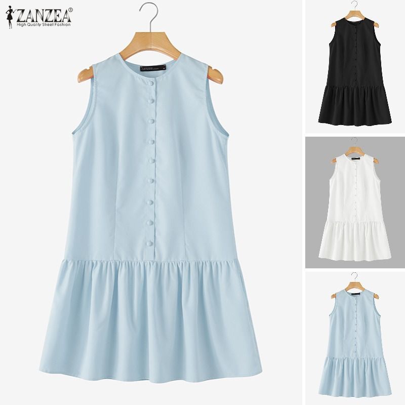 ZANZEA ใส่ ซานเซีย ผู้หญิงเกาหลีสบายๆเย็บปะติดปะต่อกันปุ่มแข็งจีบ โอ-คอแขนกุดชุดหลวม — صورة 3