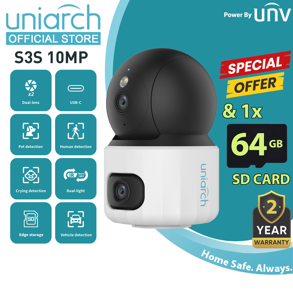Uniarch S3S 5+5MP WiFi Dual เลนส์ในร่ม PT กล้องสองทางเสียง H265 กล้องวงจรปิดความปลอดภัยโดย UNV + 64G