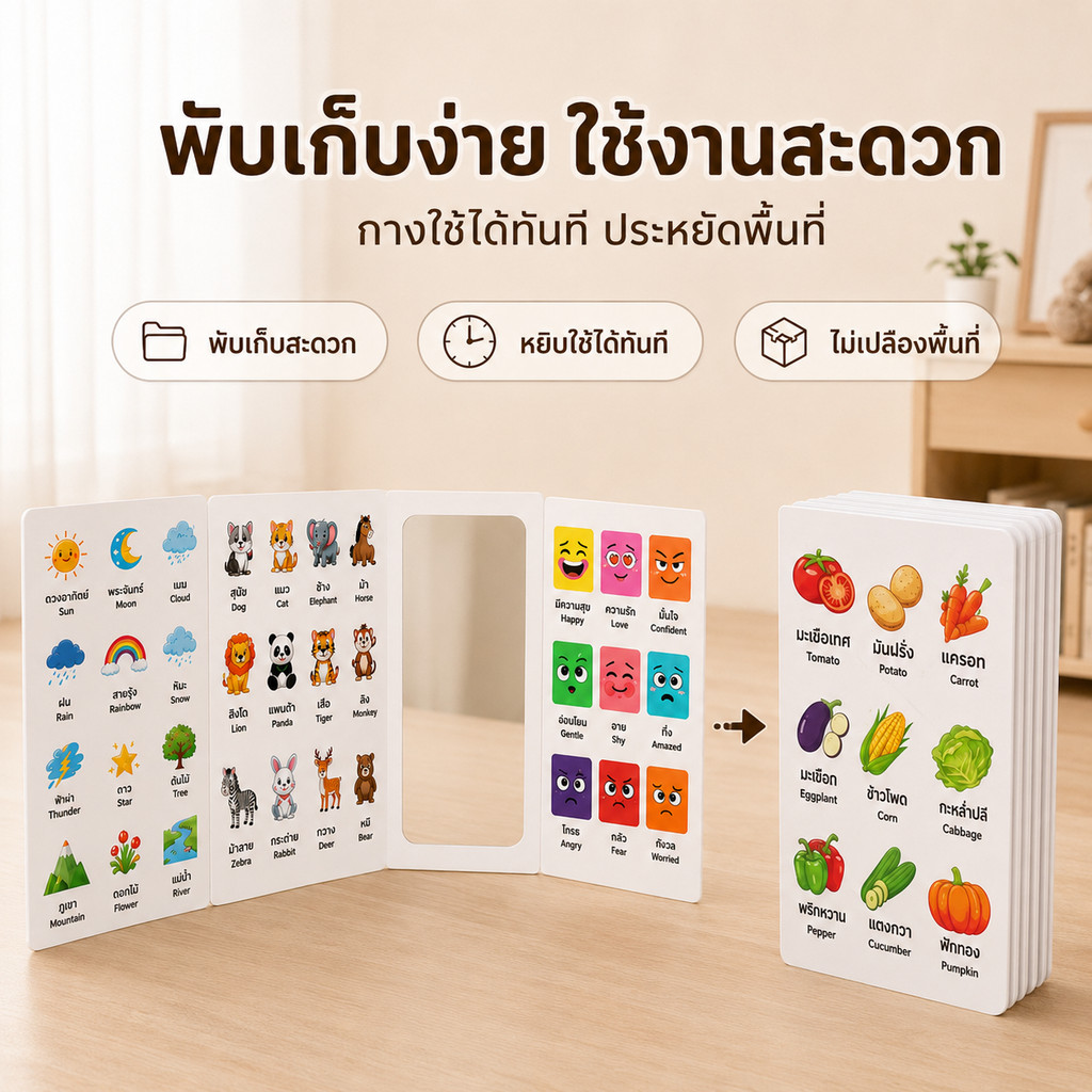 🌈 ฉากกั้นเรียนรู้เด็ก 12 หน้า มีกระจก พับได้ 2 ด้าน การ์ดภาพเสริมพัฒนาการ สี ตัวเลข สัตว์ ผลไม้ 🐻
