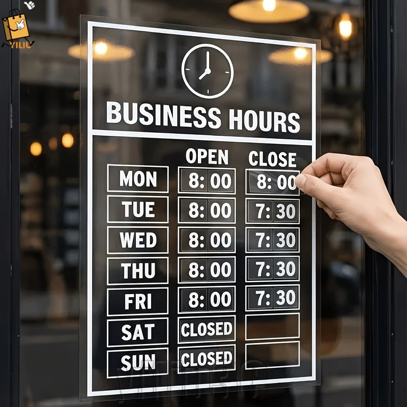 [Prim] 4-1Set Business Hours Stickers - Store Open Hours Decal - Open & Close Time Signs - Clear Wat