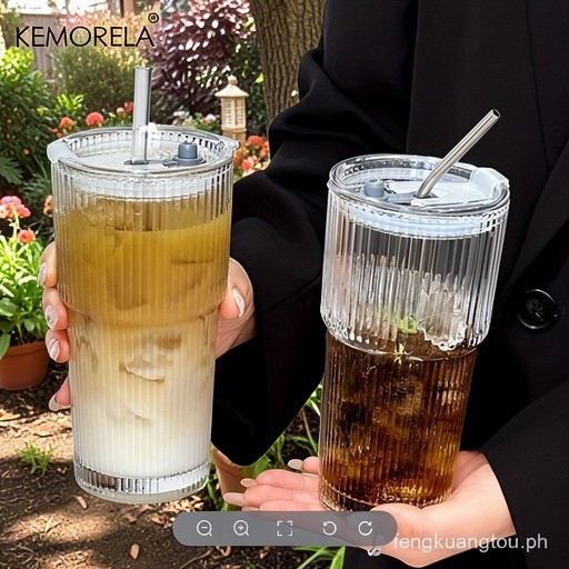 KEMORELA INS 1/2 ชิ้นถ้วยแก้วลายแนวตั้งพร้อมฝาปิดและฟาง-เหมาะสําหรับกาแฟเย็นน้ําผลไม้ชานม-เหมาะสําหร