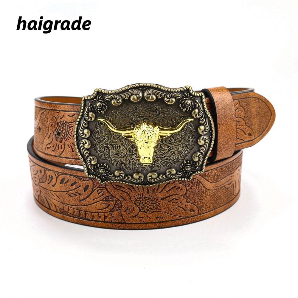 HAIGRADE Mens Western Cowboy Belt, Bull Pattern Vintage Buckle Belt, Fashion PU Leather Wide Waist B
