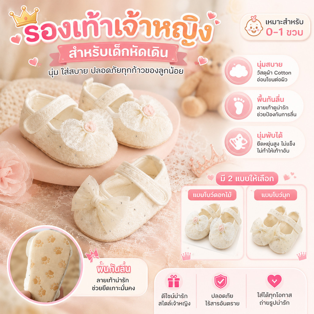 COD รองเท้าเด็กแรกเกิด โบว์ เจ้าหญิงรองเท้าเดิน กันลื่น 0-1 ปี รูปแบบน่ารัก นุ่มสบาย