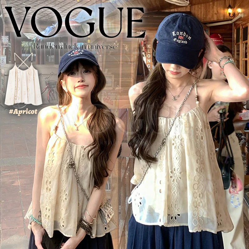 Vogue🌟พร้อมส่ง🌟 เสื้อสายเดี่ยวชีฟองลายลูกไม้สีครีม ผ้าระบายอากาศได้ดี สไตล์สาวหวาน (A2389)