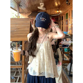 Vogue🌟พร้อมส่ง🌟 เสื้อสายเดี่ยวชีฟองลายลูกไม้สีครีม ผ้าระบายอากาศได้ดี สไตล์สาวหวาน (A2389)