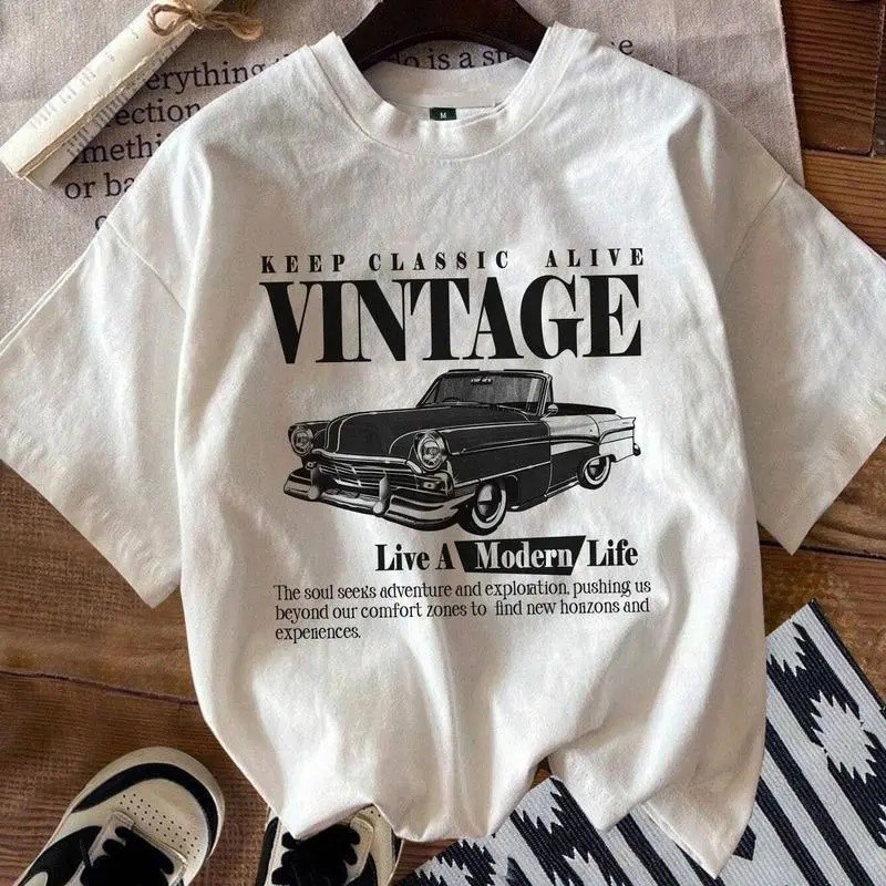 100 ผ้าฝ้ายคลาสสิก Retro รถพิมพ์เสื้อยืดฤดูร้อน 224vdi Streetwear Crewneck รอบคอ Menswear Top แขนสั้