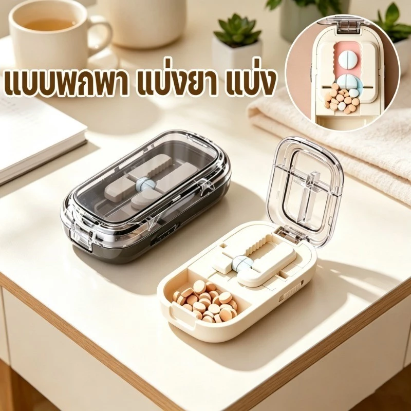  กล่องตัดยาพร้อมช่องเก็บยาในตัว วัสดุเกรดอาหาร ABS+PC สามารถแบ่งยาเป็น2หรือ4ส่วน ปรับขนาดช่องตัดได้