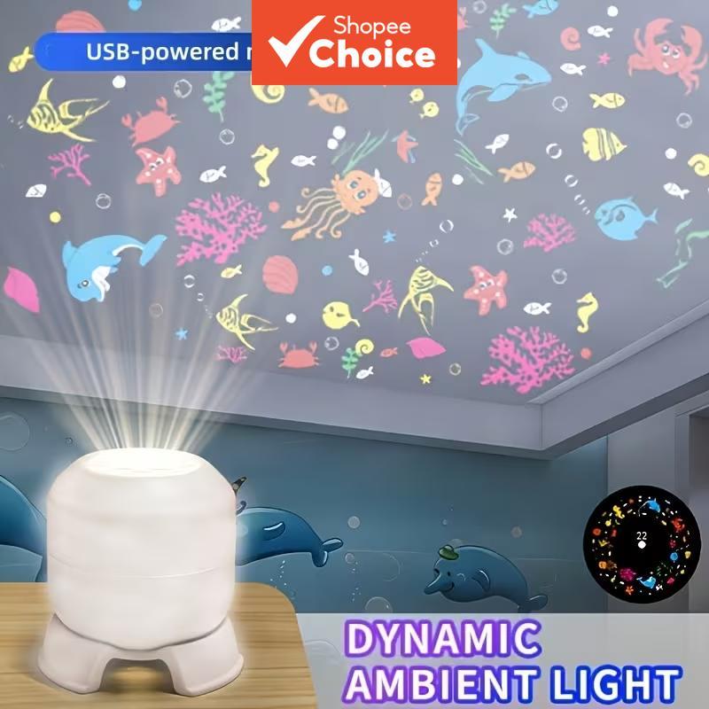 มินิโปรเจกเตอร์ไฟกลางคืนหมุนได้ 360 องศา – LED โอเชียนเวฟ USB – โคมไฟไดนามิก – ตกแต่งห้องนอน