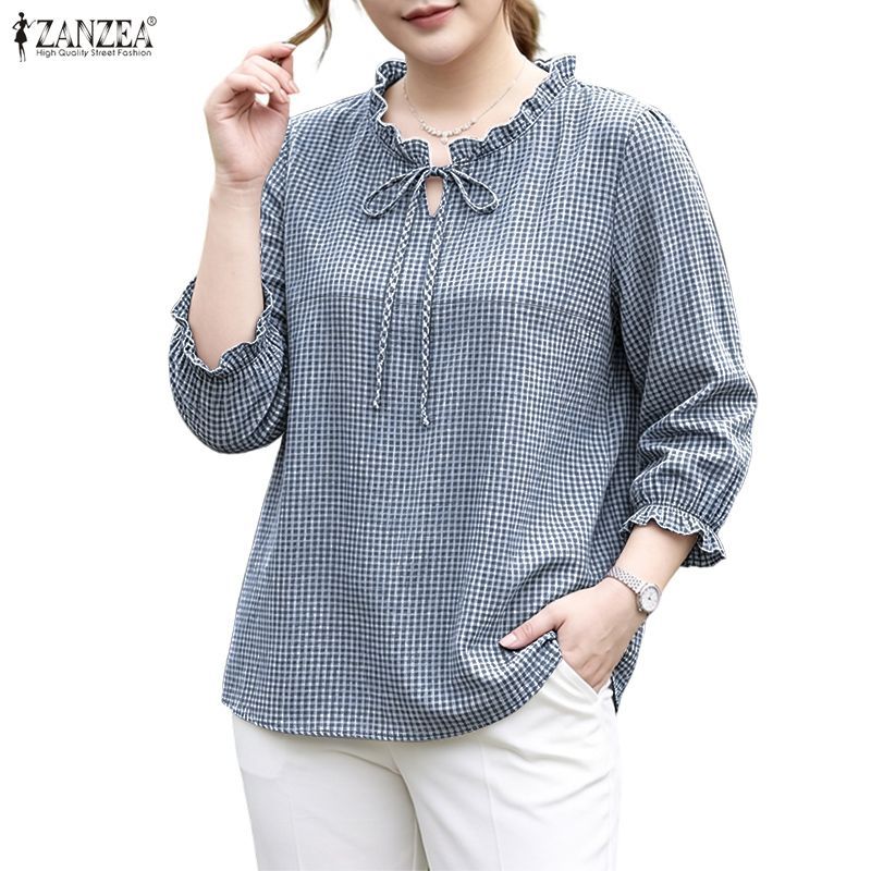 ZANZEA ผู้หญิงเกาหลี Retro หวานรอบคอ 3/4 แขนโคมไฟ Tie-Up Bows เสื้อลายสก๊อต
