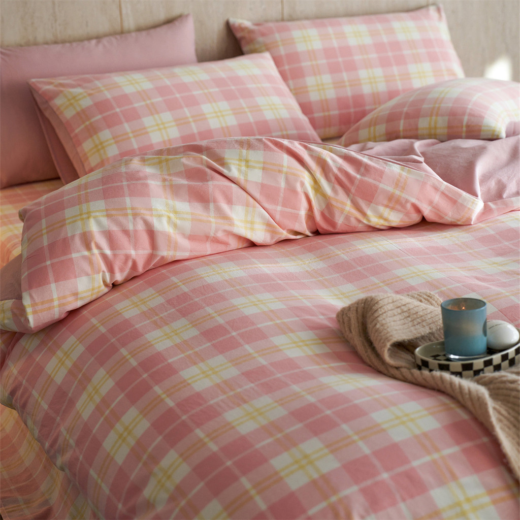 All-cotton washed cotton duvet cover, single-piece stylish plaid bed sheet set, pure cotton pink duv