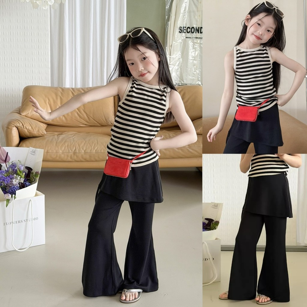 PRETTY BABY เสื้อเด็ก เสื้อแขนกุด ไหมพรม ลายขวาง กางเกงกระโปรง ขาบาน(2325)
