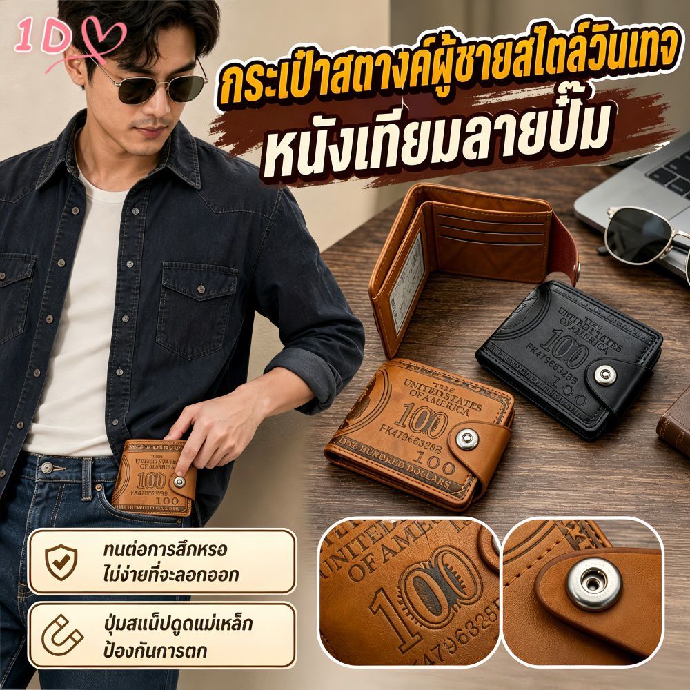 กระเป๋าหนัง PU น้ำหนักเบาพิเศษสำหรับผู้ชาย USD การพิมพ์สไตล์รีโทรหลายช่องบัตรสล็อตเหรียญและช่องเงินส