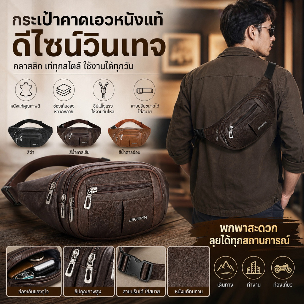 กระเป๋าคาดเอวหนังวินเทจสำหรับผู้ชาย กระเป๋าซิปหลายช่อง สะพายข้าง กระเป๋าเดินทางสำหรับใช้ในชีวิตประจำวัน