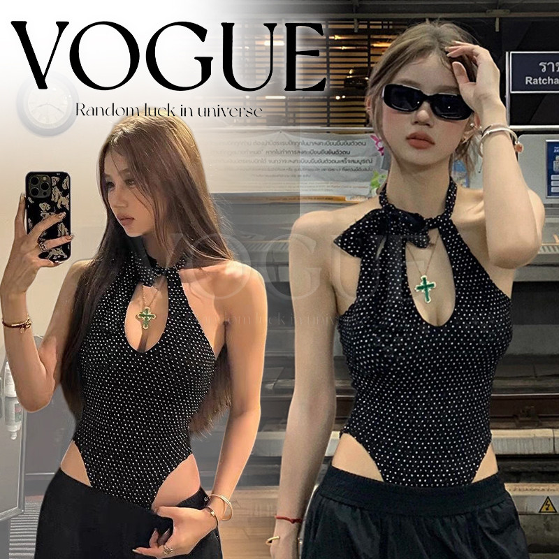 Vogue🌟พร้อมส่ง🌟 เสื้อบอดี้สูททรงเข้ารูปดีไซน์เซ็กซี่ลายจุด สามารถใส่เป็นเสื้อนอกได้ คล้องคอแบบเปิดหลัง (FY3012#2)