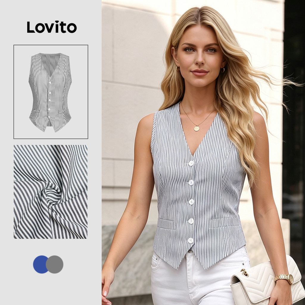 Lovito เสื้อสายเดี่ยวเปิดคอด้านหน้าสไตล์สบายๆ สำหรับฤดูใบไม้ผลิ/ฤดูร้อน สีน้ำเงิน สำหรับผู้หญิง LBL2