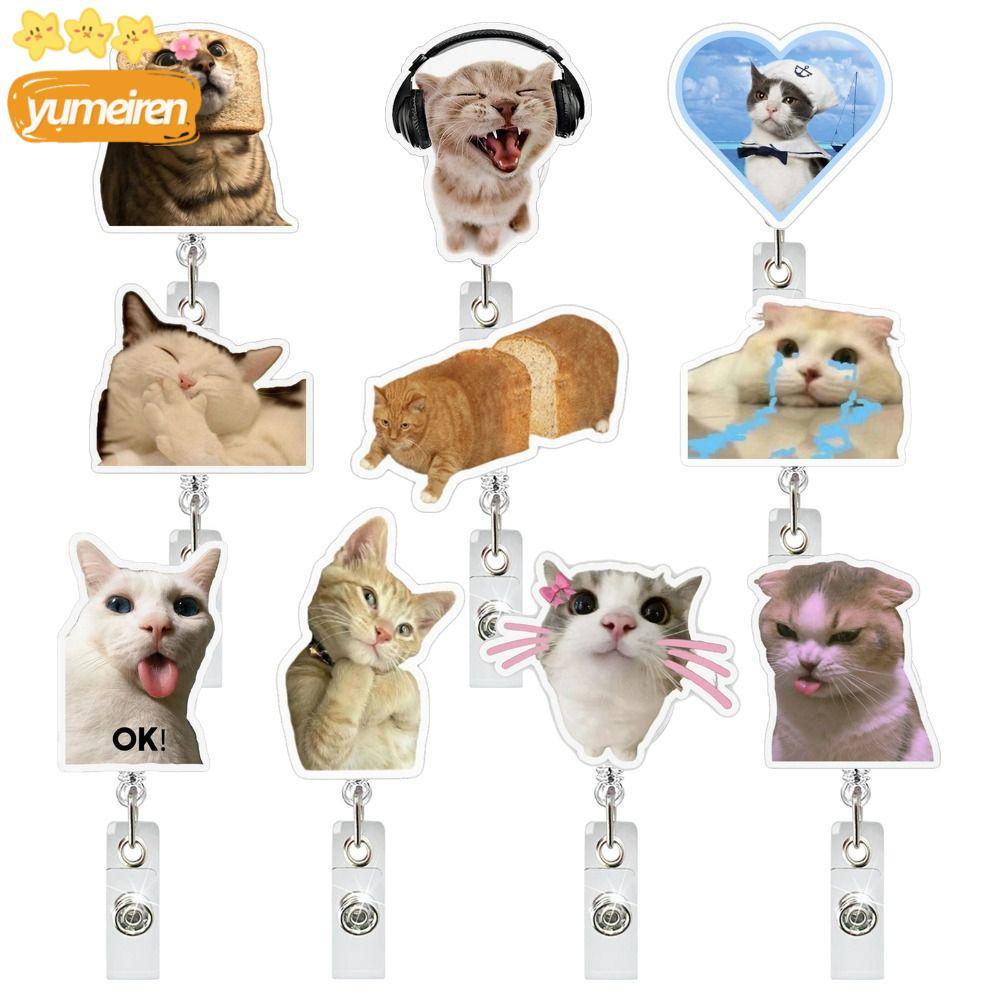 YUMEIREN พวงกุญแจแมว, Cat Memes Series Lanyard Memes Badge Reels, หดอะคริลิคกระเป๋าจี้สํานักงาน