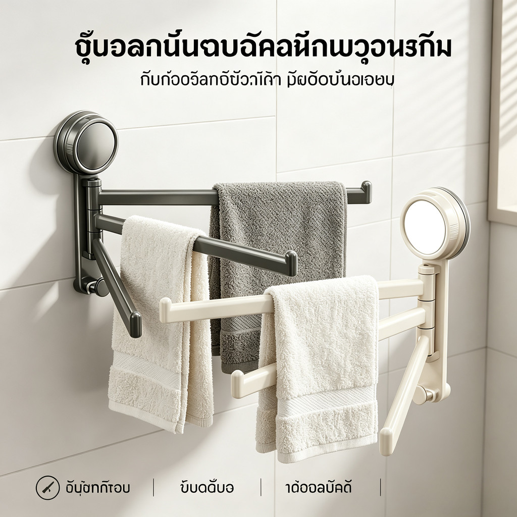 ราวแขวนผ้าเช็ดตัว แบบดูด หมุนได้180°แบบพับได้ ประหยัดพื้นที่ มี3ชั้น สำหรับห้องน้ำ ห้องครัว