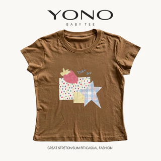(พร้อมส่ง24ชม.) YONO baby tee สีชมพู ลายดาวตารางและกราฟิกพาสเทล ทรงเข้ารูป สไตล์เกาหลี y2k