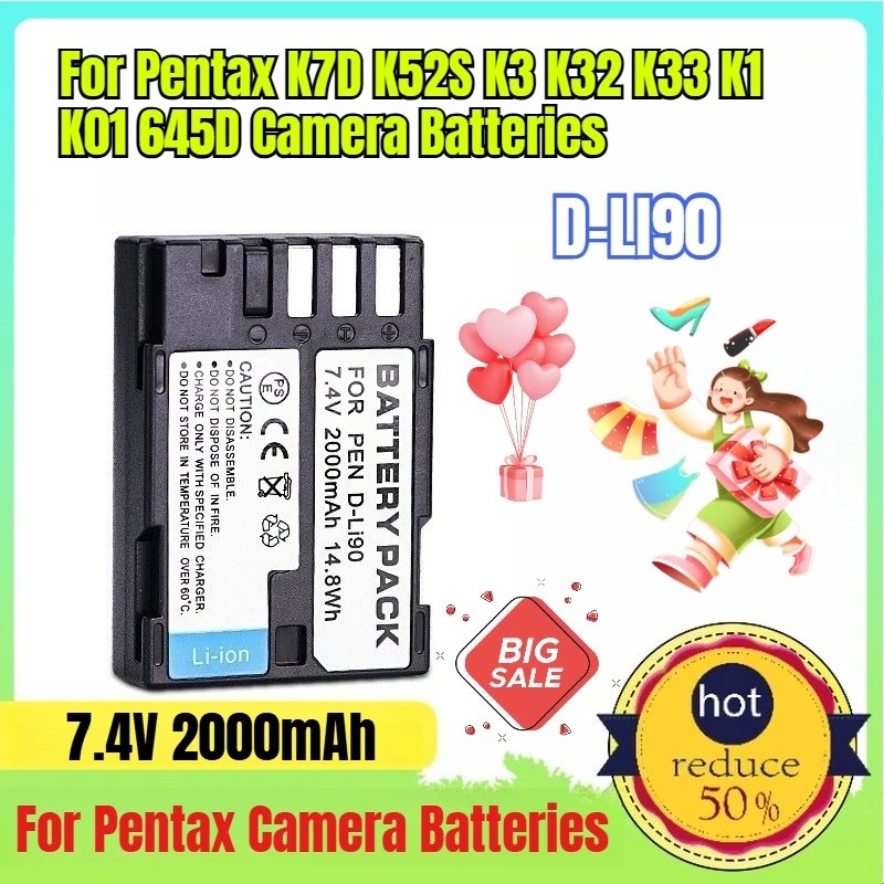 7.4V 2000mAh D-LI90 แบตเตอรี่สําหรับ Pentax K7D K52S K3 K32 K33 K1 K01 645D แบตเตอรี่กล้อง
