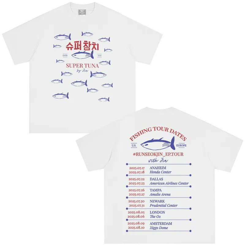 เสื้อยืด Jin Super Tuna Fish RUNSEOKJIN EP TOUR เสื้อยืดพิมพ์ลายศิลปินเกาหลี Kpop แขนสั้น เสื้อผ้าผู