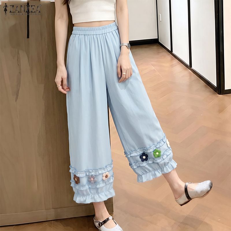 ZANZEA ผู้หญิงสาวเกาหลีสดเอวสูง 3D ดอกไม้ตกแต่ง Ruffles ตัด Crop โคมไฟกางเกง — صورة 5