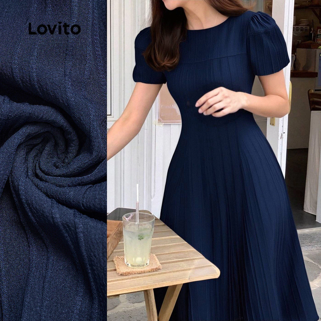 Lovito สง่างาม ชุดเดรสดีไซน์หรูหราโครงสร้างผ้าเจาะการ์ด จัคการ์ด สำหรับฤดูใบไม้ผลิ/ฤดูร้อน สีน้ำเงินกรม(กรมท่า) L149LD099