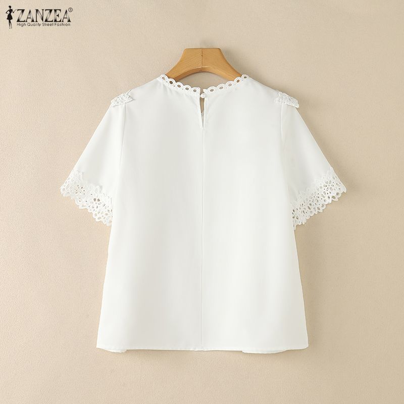 ZANZEA ผู้หญิงเกาหลีประณีต Chic รอบคอแขนสั้นลูกไม้ Patchwork Pleats ธรรมดาเสื้อ — صورة 8