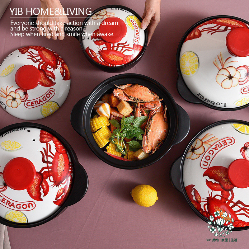 LORA Kitchen JY6 T2 Lobster Rice Noodles Pot Soup Open Fire Household Double Ear Ceramic Pot Stew He
