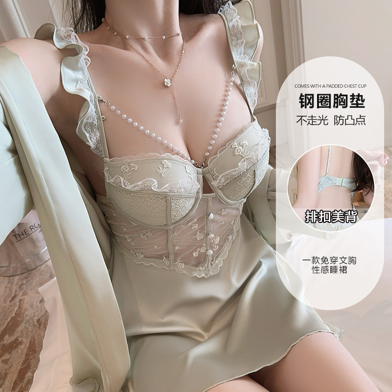 ขนาดใหญ่ขนาด Pure Desire ชุดนอนดูผ่านตาข่าย Deep V พร้อมแผ่นหน้าอกสลิง Nightdress Robe 4141