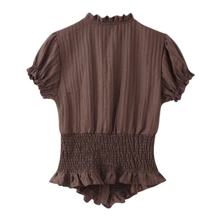 Ruffle Tie Blouse เสื้อเบลาส์ผู้หญิงคอผูกโบว์ขอบฟริลล์ แขนพองเอวย่นรัดทรงสัดส่วนดี ผ้าลายร่องบางเบา มี2สี ครีมอ่อน/น้ำตาล Size S-L