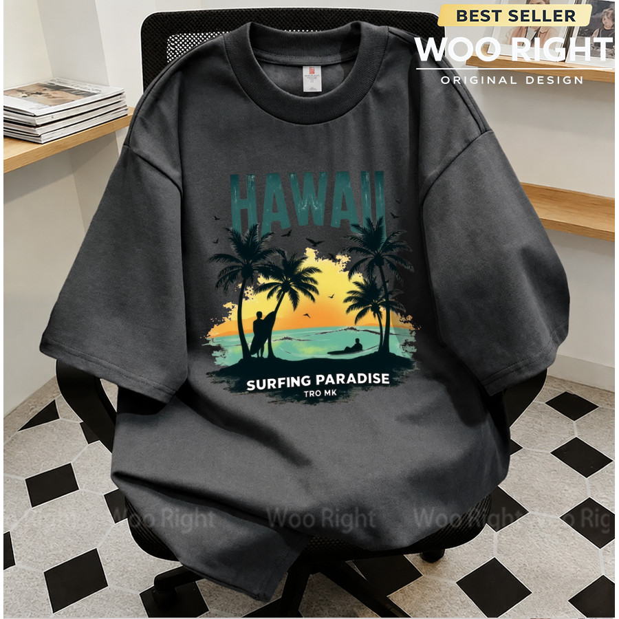 COD WOO Right Boxy Cropped Tเสื้อยืดคอกลมสีดำฮาวายชายหาดปาล์มพระอาทิตย์ตกนักโต้คลื่นวินเทจชุดหน้าร้อ