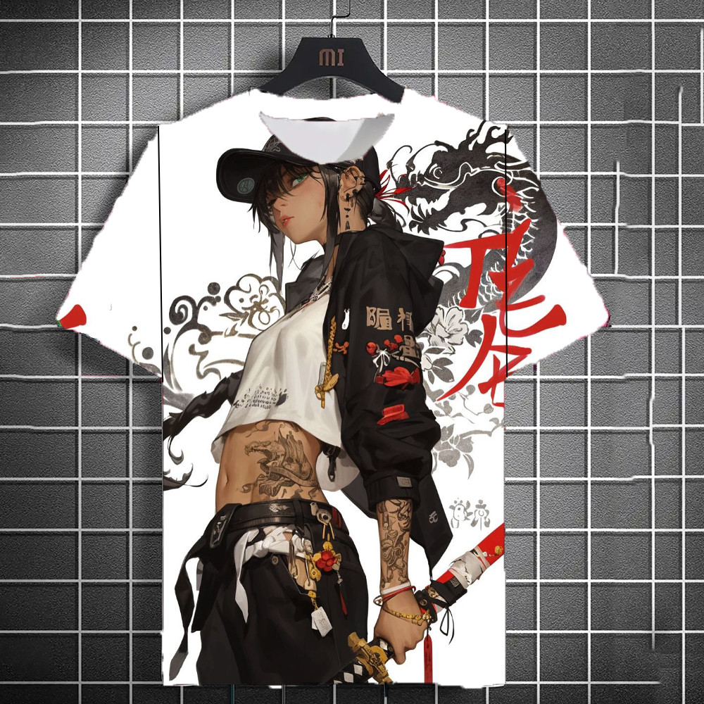 ญี่ปุ่น Samurai Katana Tattoo สาวเสื้อยืด 3D พิมพ์บุคลิกภาพอะนิเมะ Tee ผู้ชาย/ผู้หญิงแขนสั้น Y2k Top