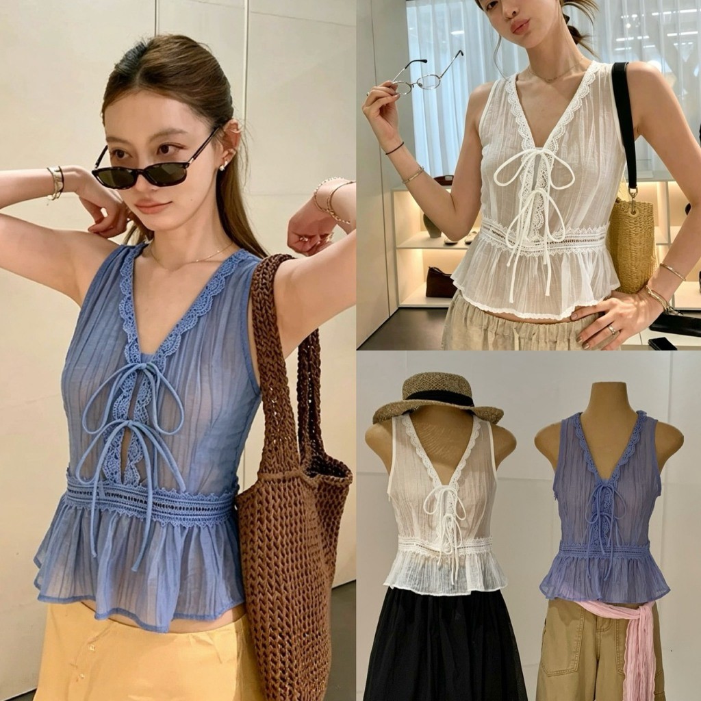 W10303 เสื้อสายเดี่ยวชีฟองดีไซน์ผูกโบว์ด้านหน้า แต่งลูกไม้ละเอียด ผ้าชีฟองบางเบา แฟชั่นเกาหลี TAG WG.WE