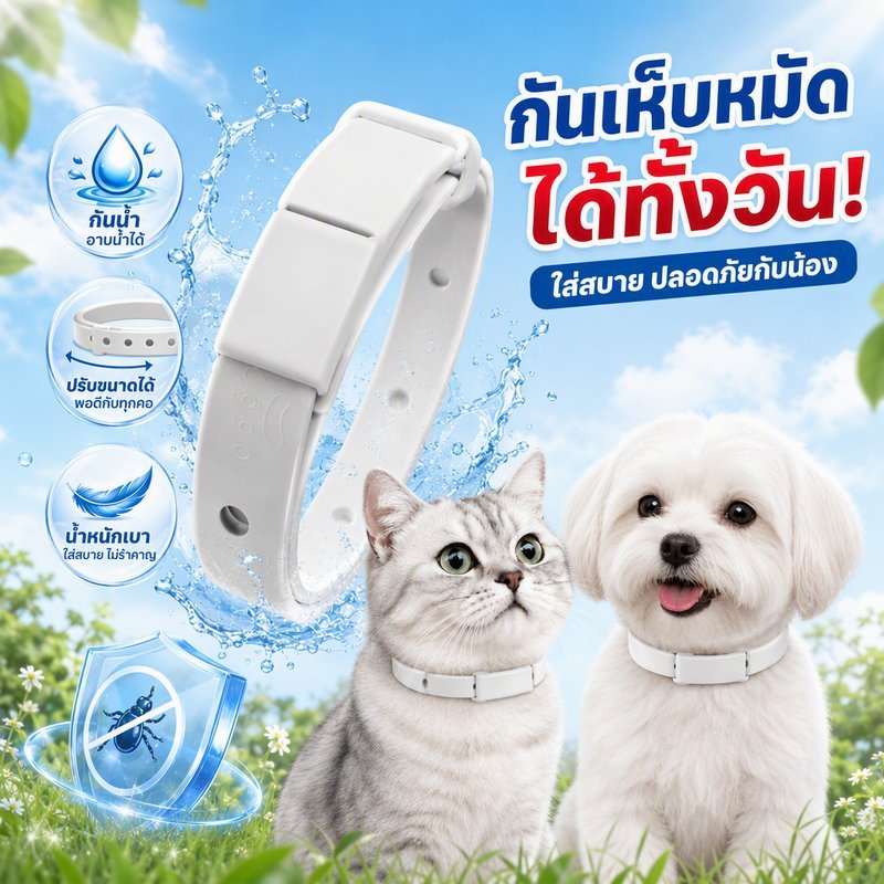 ปลอกคอกันเห็บหมัด สุนัข แมว กันน้ำ ปรับขนาดได้ น้ำหนักเบา ปล่อยสารสม่ำเสมอ ใช้ได้นาน 8 เดือน