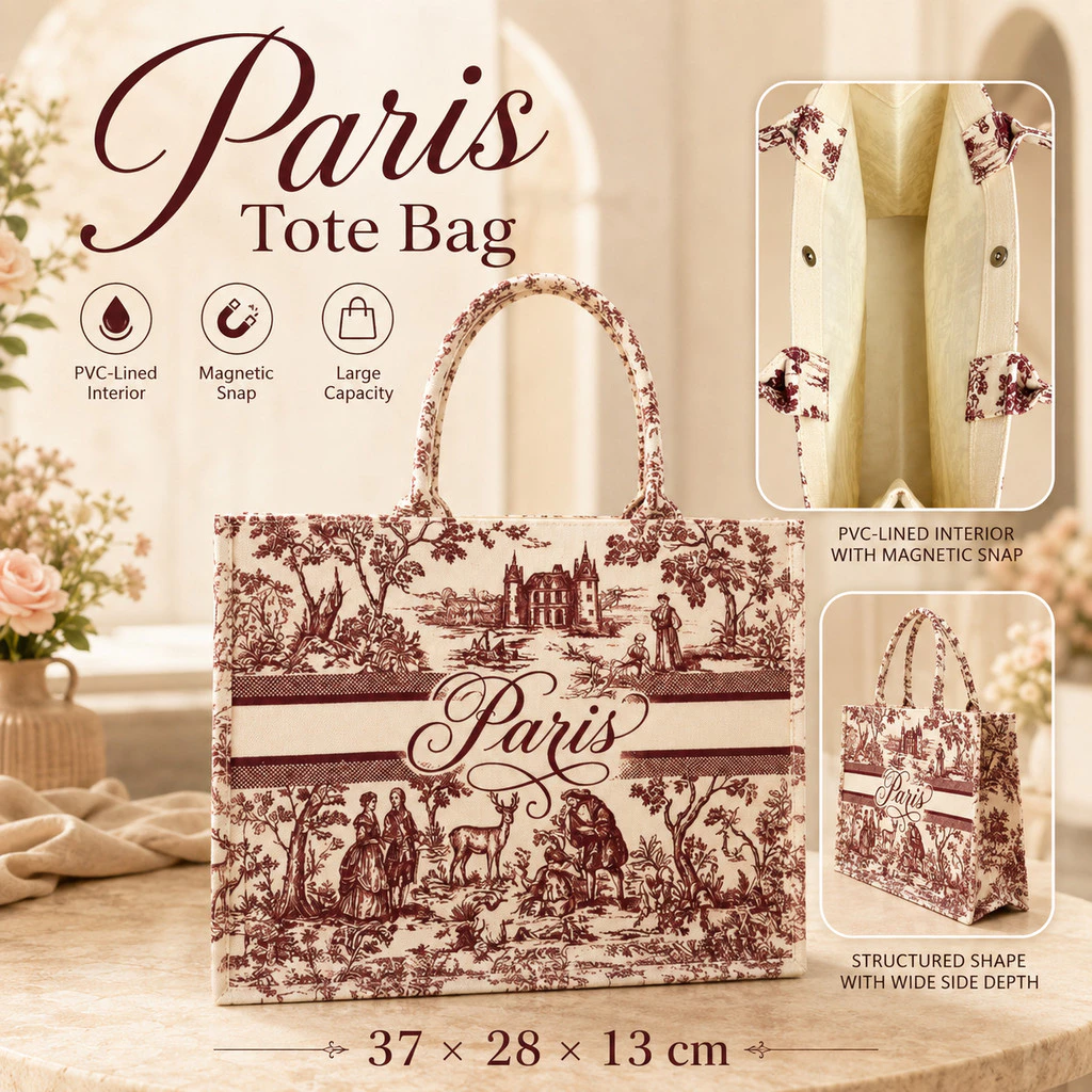 กระเป๋าโท้ทผ้าแคนวาส พรีเมียม Luxury French Toile de Jouy Aesthetic Tote Bag Women