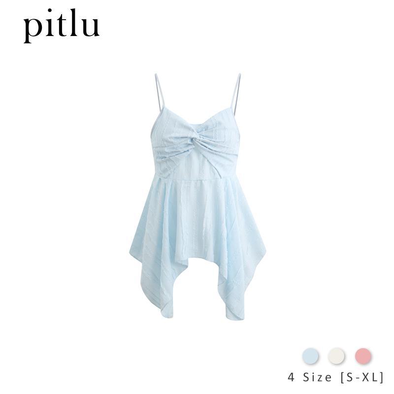 Pitlu เสื้อสายเดี่ยวคอวี มัดปมหน้าทรงเอ ผ้าลายผิว ผ่าปลายไม่สม่ำเสมอ สไตล์หวานโรแมนติก สีฟ้า สีครีม สีชมพู เสื้อท็อปผู้หญิงฤดูร้อน ส่งจากประเทศไทย
