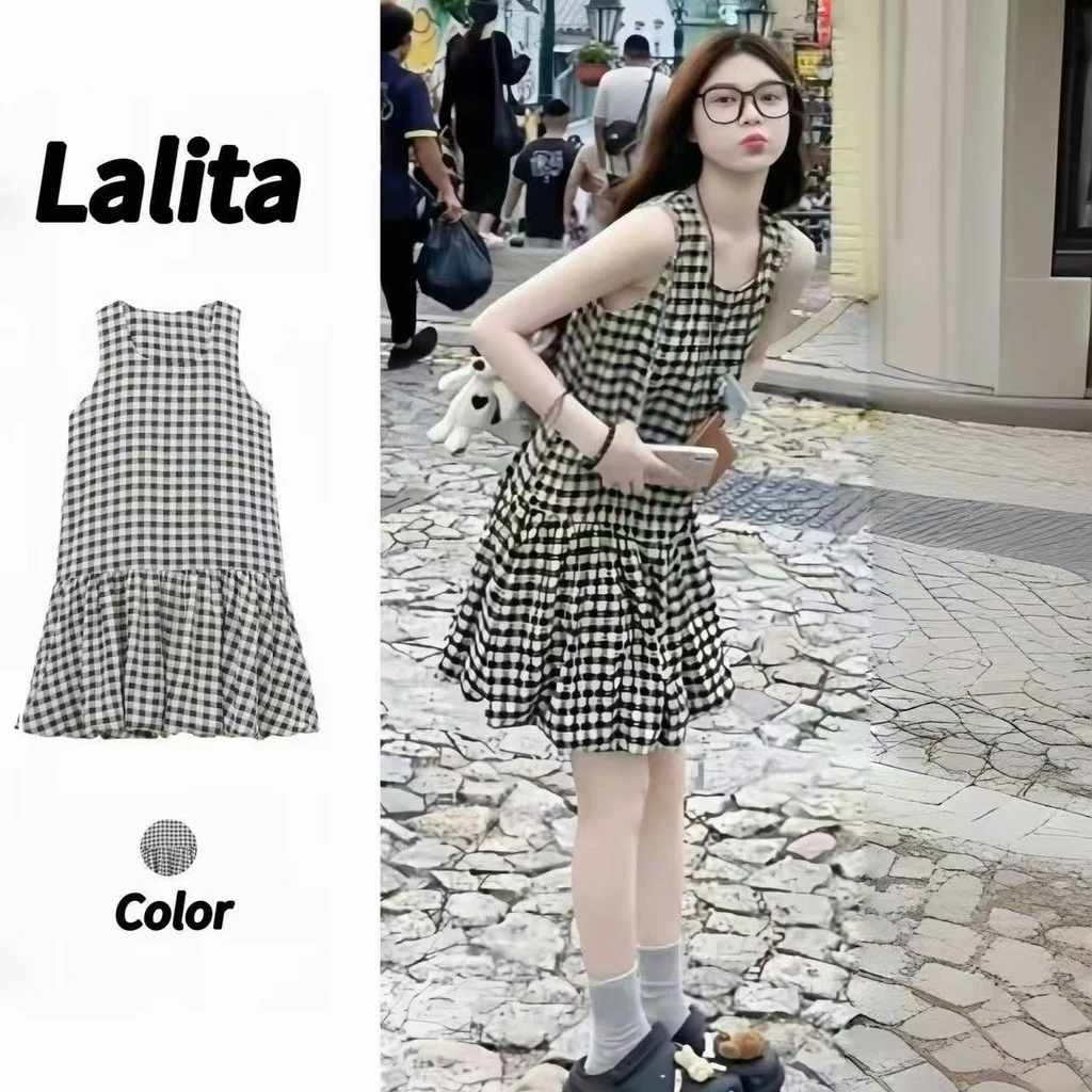 Lalita ชุดเดรสสั้นผู้หญิง ชุดสวย ชุดเดรสลําลองลายสก๊อต เดรสแฟชั่น