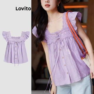 Lovito วันหยุด เสื้อเบลาส์ สีพื้น คอระบาย สไตล์ สำหรับผู้หญิง L121MD622