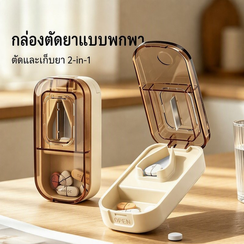 กล่องตัดยาเม็ดและเก็บยา 2in1 ที่ตัดยา ใบมีดสเตนเลสคม ร่องรับยารูปวี วัสดุ ABS เกรดอาหาร ปลอดภัยไม่มีกลิ่น