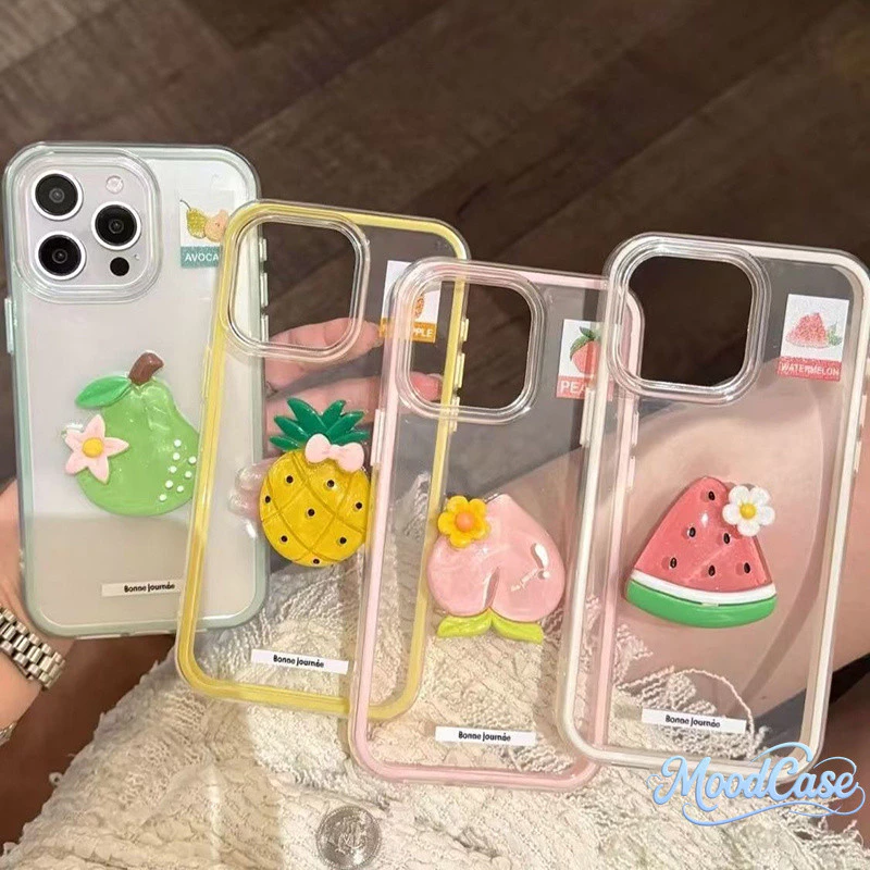 สำหรับ iPhone 16 Plus 15 Pro 14 17 Pro Max 13 17 Air 11 12 เคสโทรศัพท์สไตล์เรียบง่าย ขอบสีตัดโปร่งใส ตกแต่งผลไม้สามมิติ