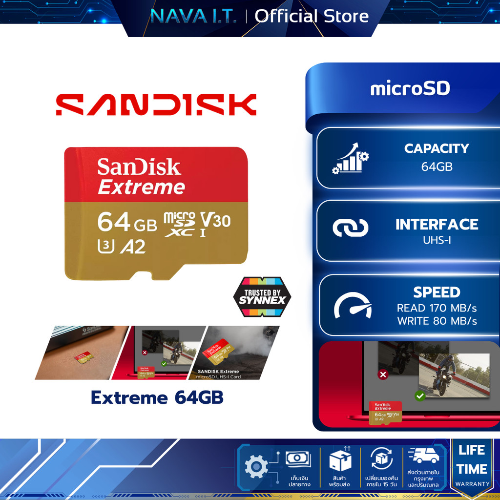 SANDISK MICRO SD (ไมโครเอสดีการ์ด) Extreme 64GB UHS-I (SDSQXAH-064G-GN6MN) LIFETIME WARRANTY