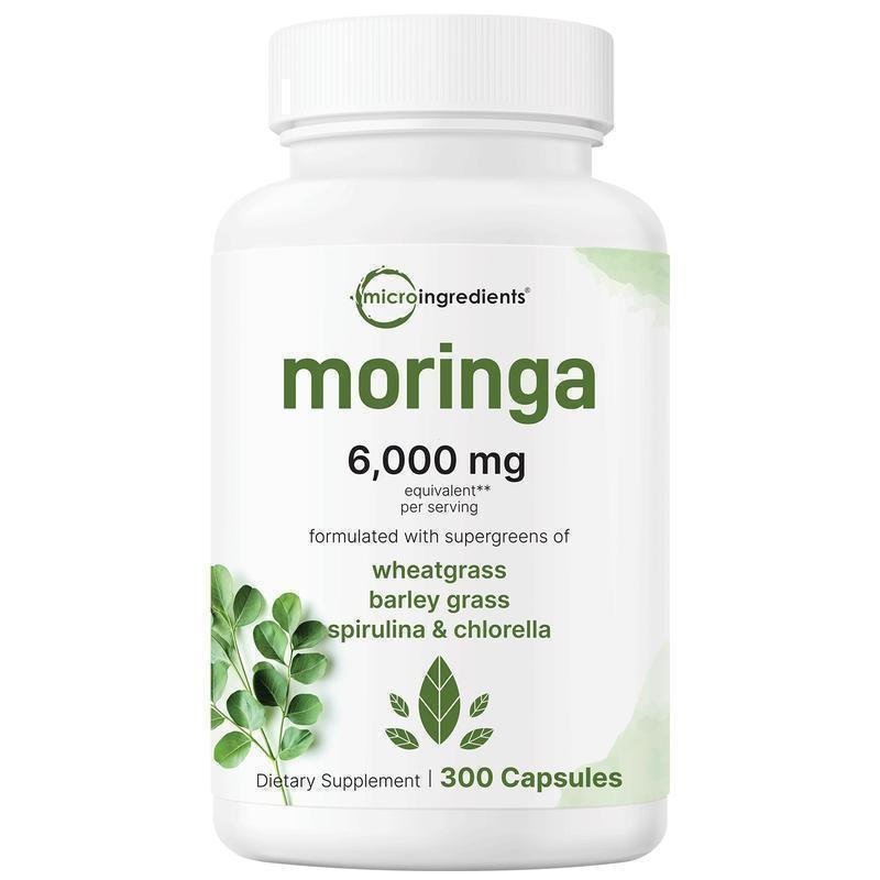 มะรุม Oleifera เทียบเท่า 6,000 มก. 300 แคปซูลพร้อม Supergreens ผสมวีทกราส หญ้าข้าวบาร์เลย์ สาหร่ายสไ